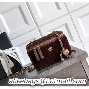 New Style Chanel Velvet Vanity Case with Chain and Strass Ball CH101007 Coffee Brown 2025