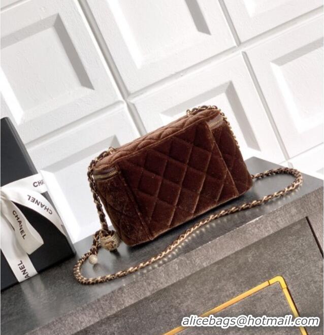 New Style Chanel Velvet Vanity Case with Chain and Strass Ball CH101007 Coffee Brown 2025