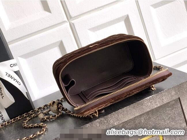 New Style Chanel Velvet Vanity Case with Chain and Strass Ball CH101007 Coffee Brown 2025