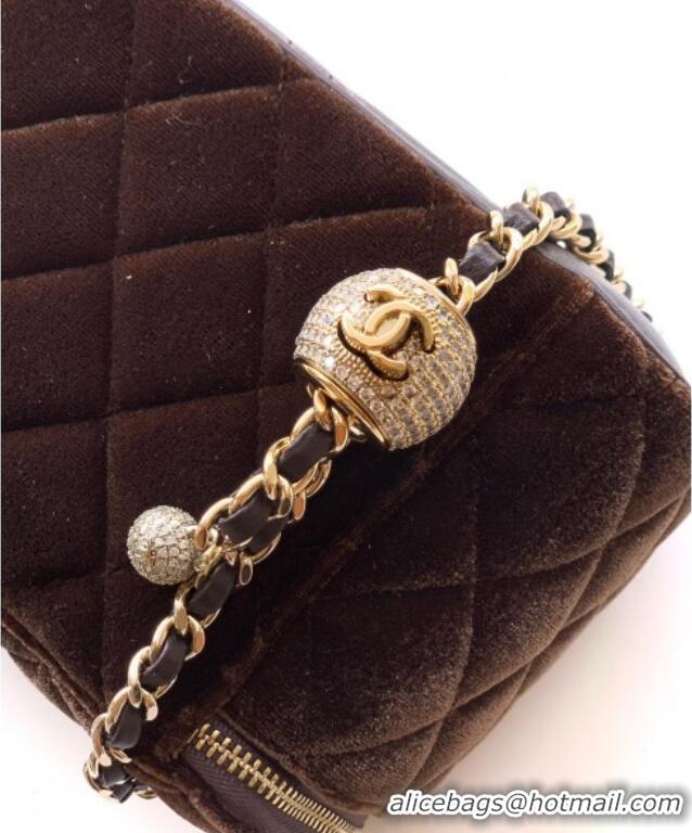 New Style Chanel Velvet Vanity Case with Chain and Strass Ball CH101007 Coffee Brown 2025