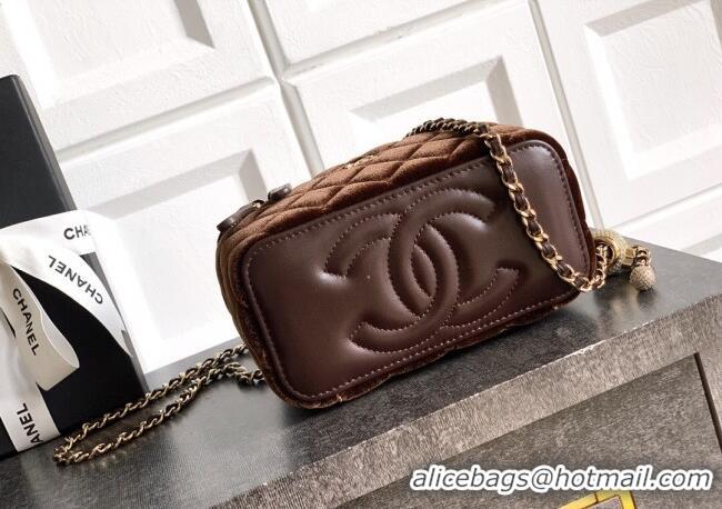 New Style Chanel Velvet Vanity Case with Chain and Strass Ball CH101007 Coffee Brown 2025