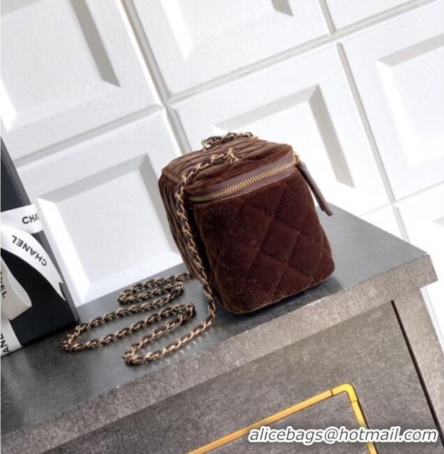 New Style Chanel Velvet Vanity Case with Chain and Strass Ball CH101007 Coffee Brown 2025