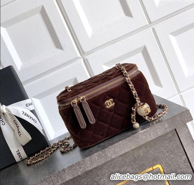 New Style Chanel Velvet Vanity Case with Chain and Strass Ball CH101007 Coffee Brown 2025