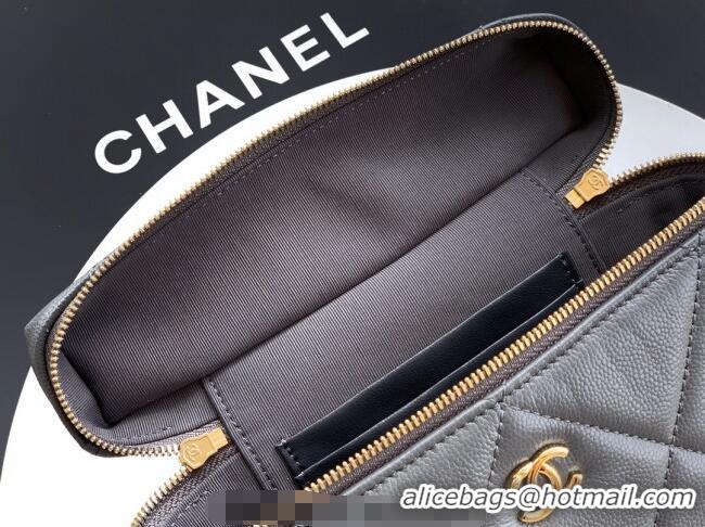New Stylish Chanel Grained Shiny Calfskin Vanity Case with Chain and Top Handle AP4936 Steel Grey 2025
