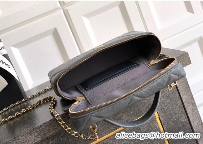 New Stylish Chanel Grained Shiny Calfskin Vanity Case with Chain and Top Handle AP4936 Steel Grey 2025