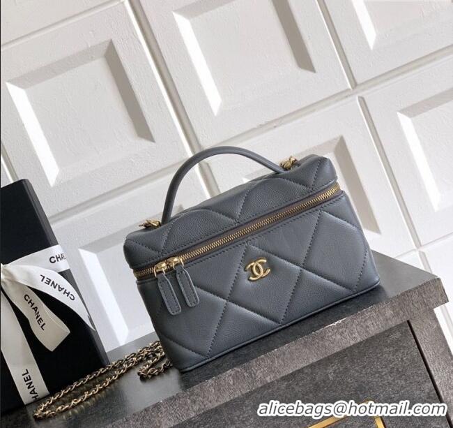New Stylish Chanel Grained Shiny Calfskin Vanity Case with Chain and Top Handle AP4936 Steel Grey 2025
