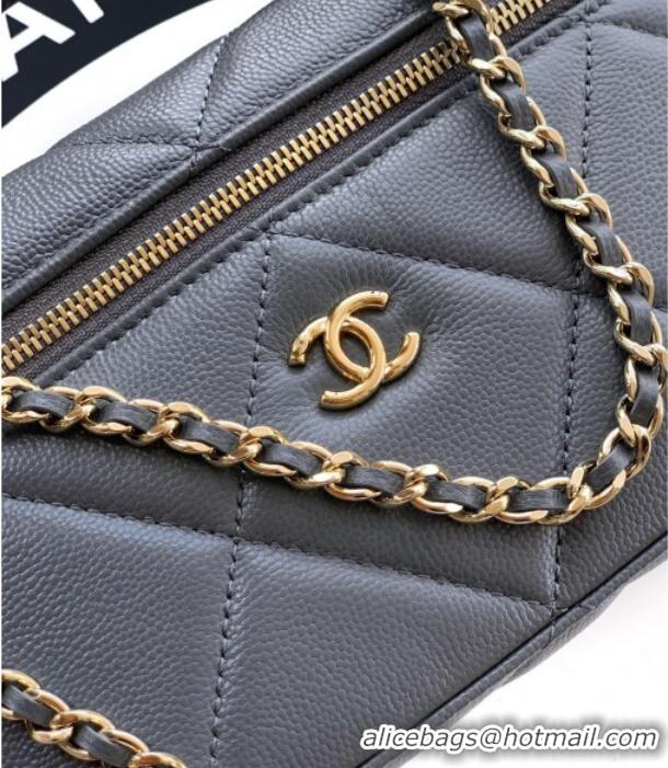 New Stylish Chanel Grained Shiny Calfskin Vanity Case with Chain and Top Handle AP4936 Steel Grey 2025