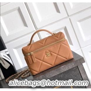 Cheapest Chanel Grained Shiny Calfskin Vanity Case with Chain and Top Handle AP4936 Caramel Brown 2025