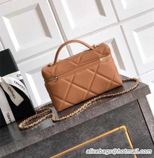 Cheapest Chanel Grained Shiny Calfskin Vanity Case with Chain and Top Handle AP4936 Caramel Brown 2025