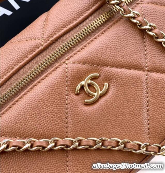 Cheapest Chanel Grained Shiny Calfskin Vanity Case with Chain and Top Handle AP4936 Caramel Brown 2025
