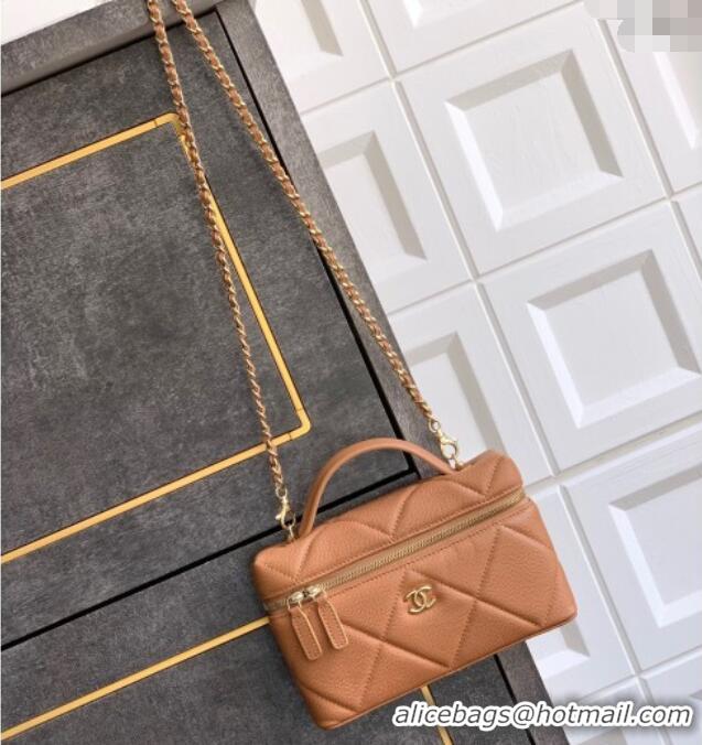 Cheapest Chanel Grained Shiny Calfskin Vanity Case with Chain and Top Handle AP4936 Caramel Brown 2025