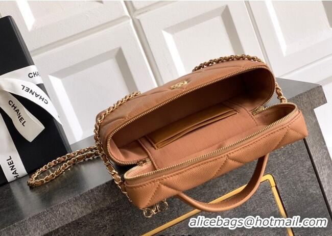 Cheapest Chanel Grained Shiny Calfskin Vanity Case with Chain and Top Handle AP4936 Caramel Brown 2025
