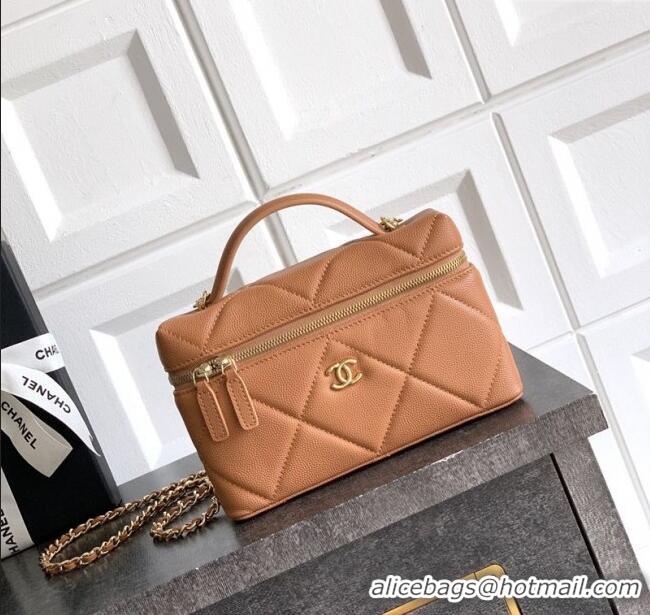 Cheapest Chanel Grained Shiny Calfskin Vanity Case with Chain and Top Handle AP4936 Caramel Brown 2025