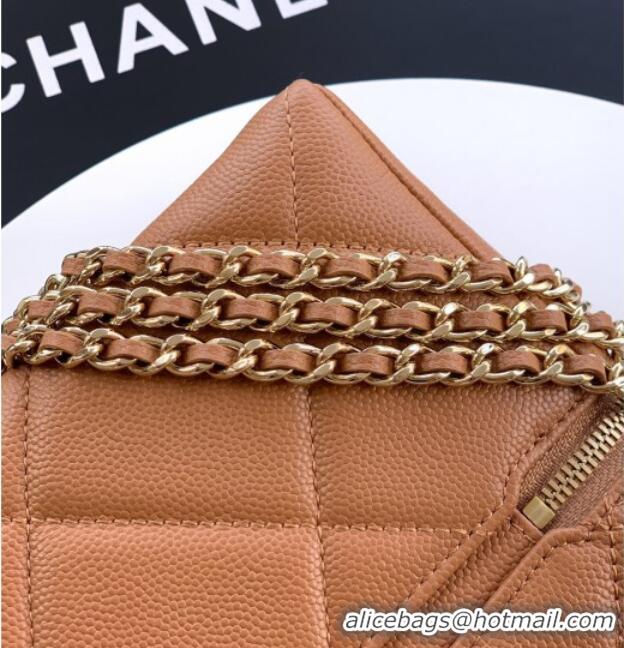 Cheapest Chanel Grained Shiny Calfskin Vanity Case with Chain and Top Handle AP4936 Caramel Brown 2025