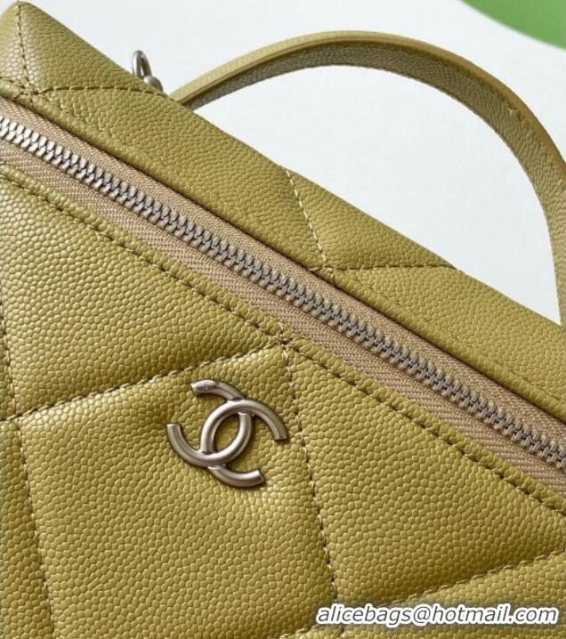 Original Cheap Chanel Grained Shiny Calfskin Vanity Case with Chain and Top Handle AP4936 Yellow Green 2025