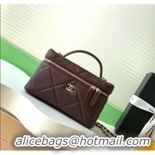 Newly Launched Chanel Grained Shiny Calfskin Vanity Case with Chain and Top Handle AP4936 Dark Brown/Gold 2025