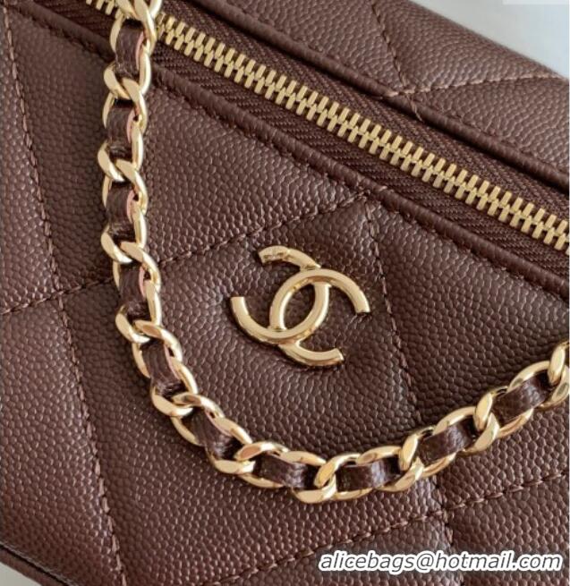 Newly Launched Chanel Grained Shiny Calfskin Vanity Case with Chain and Top Handle AP4936 Dark Brown/Gold 2025