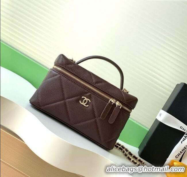 Newly Launched Chanel Grained Shiny Calfskin Vanity Case with Chain and Top Handle AP4936 Dark Brown/Gold 2025