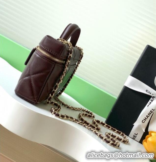 Newly Launched Chanel Grained Shiny Calfskin Vanity Case with Chain and Top Handle AP4936 Dark Brown/Gold 2025