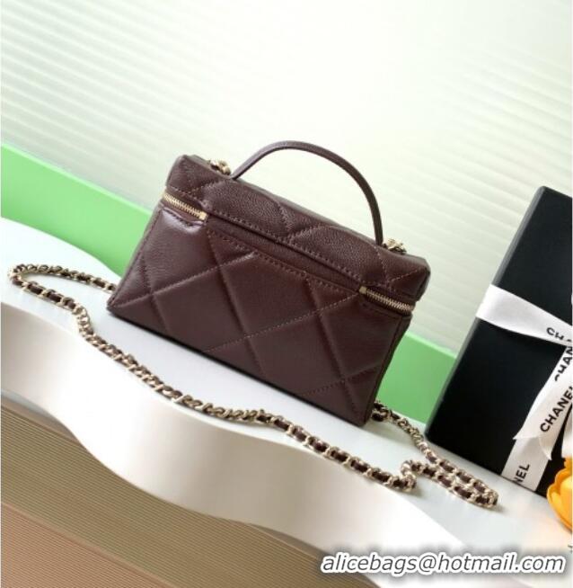 Newly Launched Chanel Grained Shiny Calfskin Vanity Case with Chain and Top Handle AP4936 Dark Brown/Gold 2025