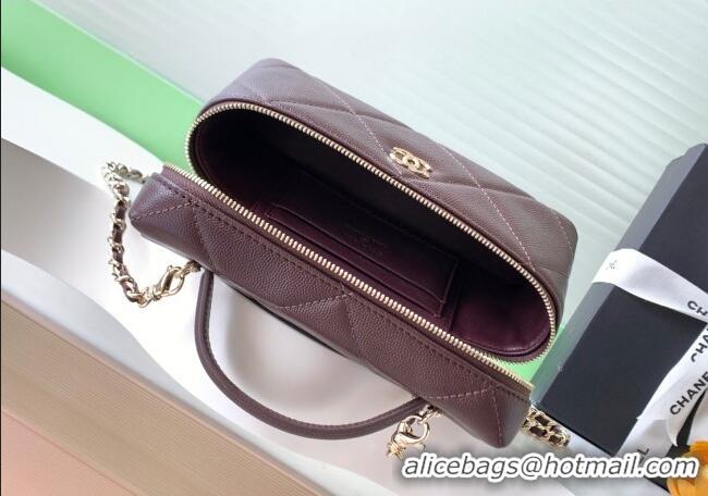 Newly Launched Chanel Grained Shiny Calfskin Vanity Case with Chain and Top Handle AP4936 Dark Brown/Gold 2025
