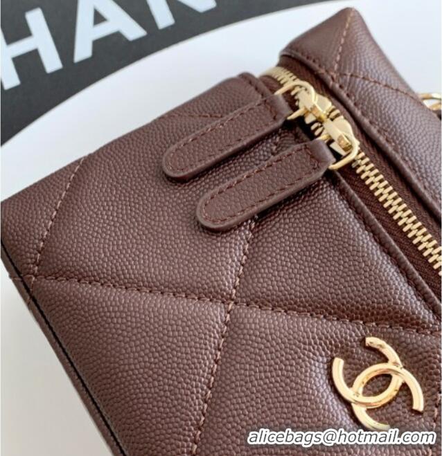 Newly Launched Chanel Grained Shiny Calfskin Vanity Case with Chain and Top Handle AP4936 Dark Brown/Gold 2025