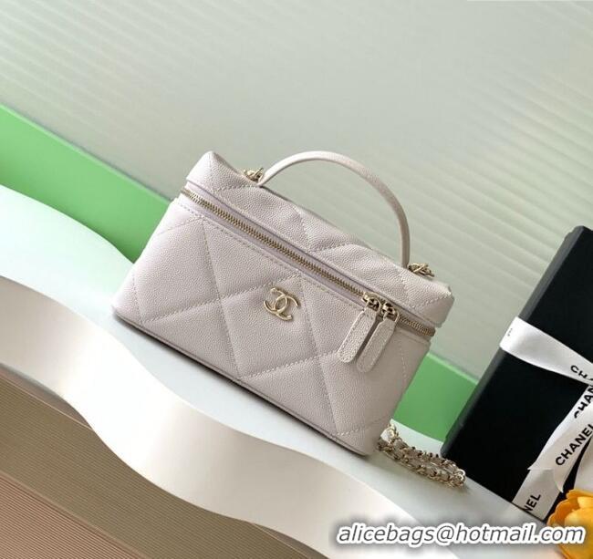 New Design Chanel Grained Shiny Calfskin Vanity Case with Chain and Top Handle AP4936 Pale Grey/Gold 2025