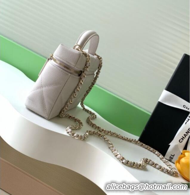 New Design Chanel Grained Shiny Calfskin Vanity Case with Chain and Top Handle AP4936 Pale Grey/Gold 2025