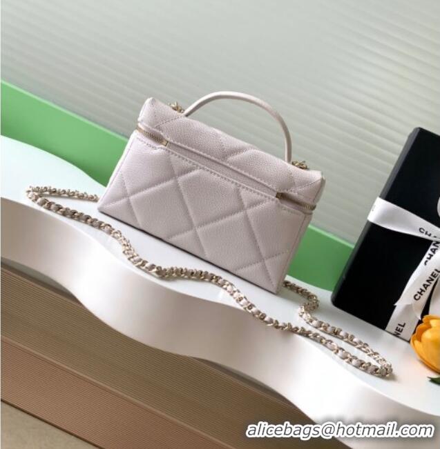 New Design Chanel Grained Shiny Calfskin Vanity Case with Chain and Top Handle AP4936 Pale Grey/Gold 2025