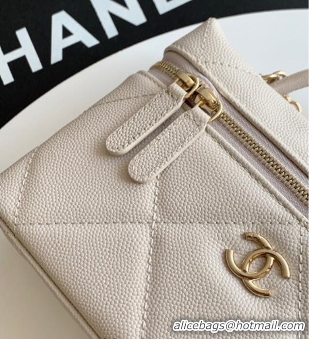 New Design Chanel Grained Shiny Calfskin Vanity Case with Chain and Top Handle AP4936 Pale Grey/Gold 2025