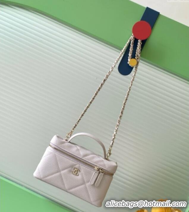 New Design Chanel Grained Shiny Calfskin Vanity Case with Chain and Top Handle AP4936 Pale Grey/Gold 2025