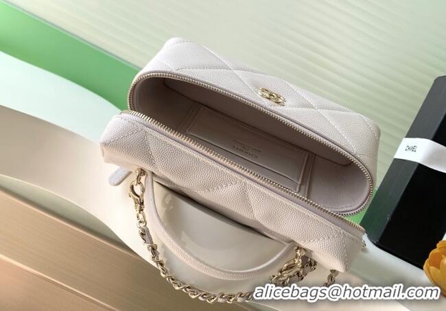 New Design Chanel Grained Shiny Calfskin Vanity Case with Chain and Top Handle AP4936 Pale Grey/Gold 2025