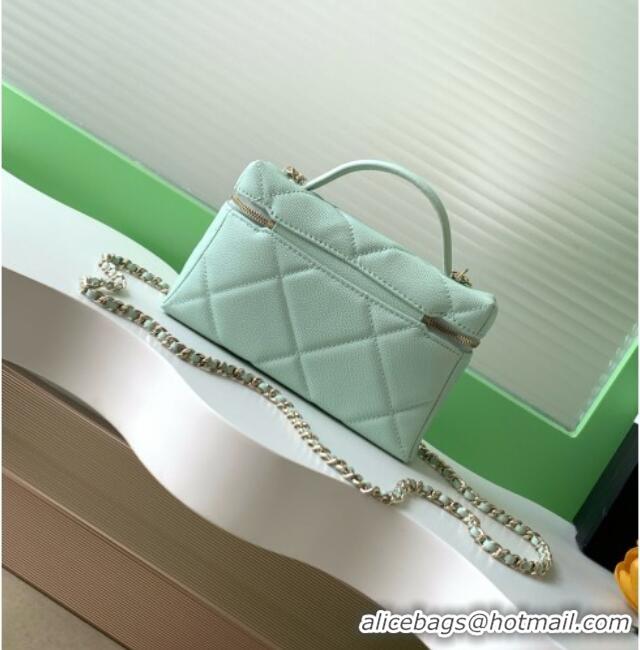 Spot Bulk Chanel Grained Shiny Calfskin Vanity Case with Chain and Top Handle AP4936 Light Green/Gold 2025