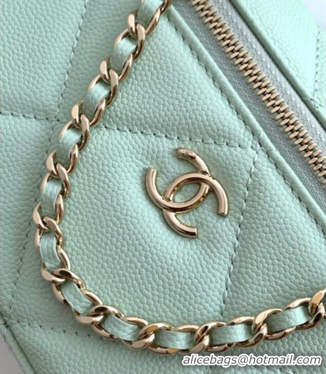Spot Bulk Chanel Grained Shiny Calfskin Vanity Case with Chain and Top Handle AP4936 Light Green/Gold 2025