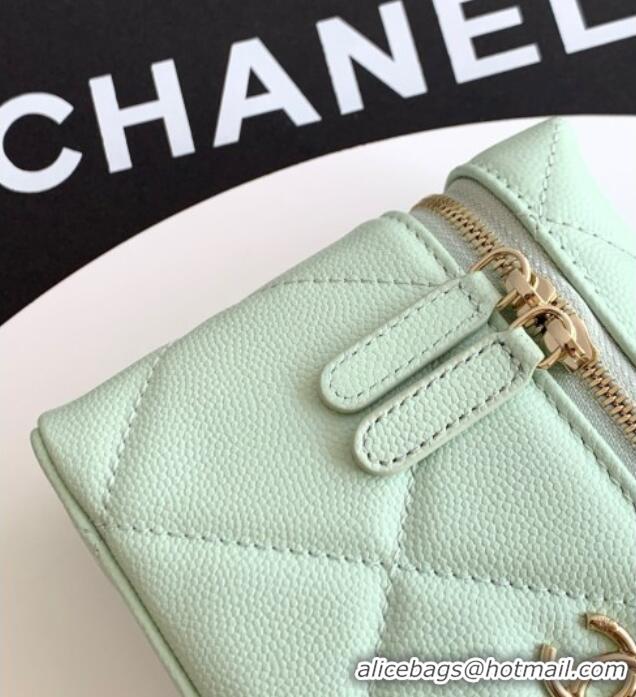 Spot Bulk Chanel Grained Shiny Calfskin Vanity Case with Chain and Top Handle AP4936 Light Green/Gold 2025