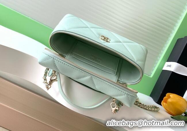 Spot Bulk Chanel Grained Shiny Calfskin Vanity Case with Chain and Top Handle AP4936 Light Green/Gold 2025