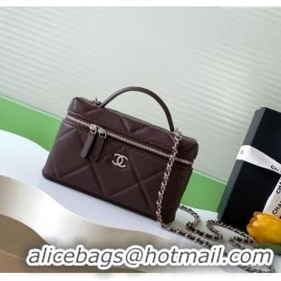 New Stylish Chanel Grained Shiny Calfskin Vanity Case with Chain and Top Handle AP4936 Dark Brown/Silver 2025