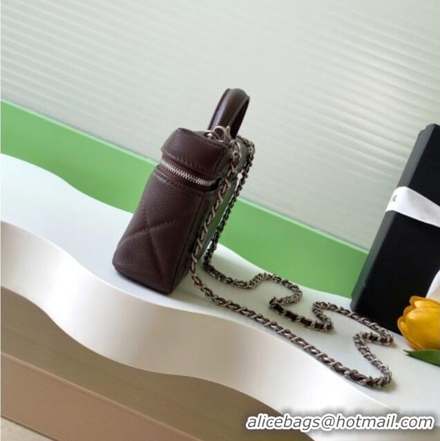 New Stylish Chanel Grained Shiny Calfskin Vanity Case with Chain and Top Handle AP4936 Dark Brown/Silver 2025