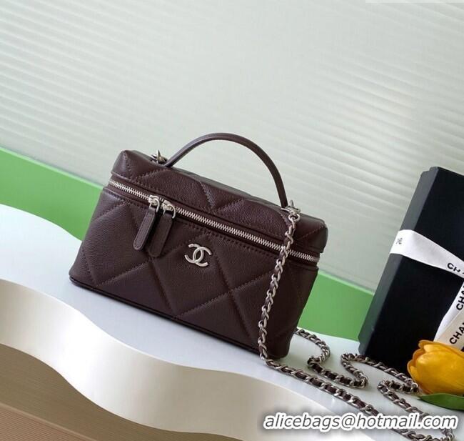 New Stylish Chanel Grained Shiny Calfskin Vanity Case with Chain and Top Handle AP4936 Dark Brown/Silver 2025