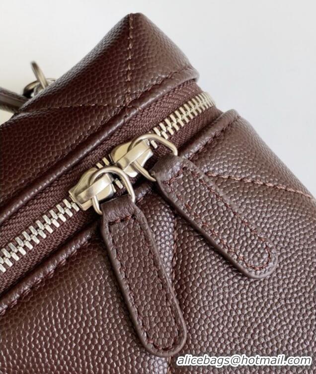 New Stylish Chanel Grained Shiny Calfskin Vanity Case with Chain and Top Handle AP4936 Dark Brown/Silver 2025