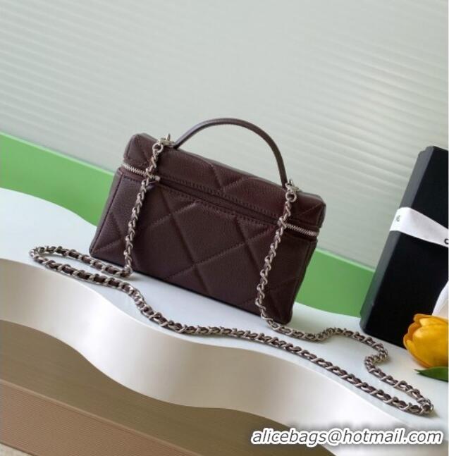 New Stylish Chanel Grained Shiny Calfskin Vanity Case with Chain and Top Handle AP4936 Dark Brown/Silver 2025