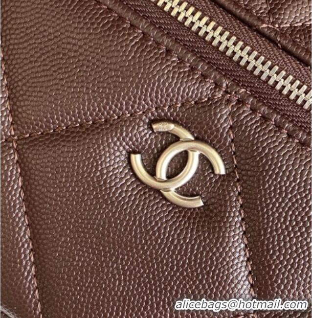 New Stylish Chanel Grained Shiny Calfskin Vanity Case with Chain and Top Handle AP4936 Dark Brown/Silver 2025