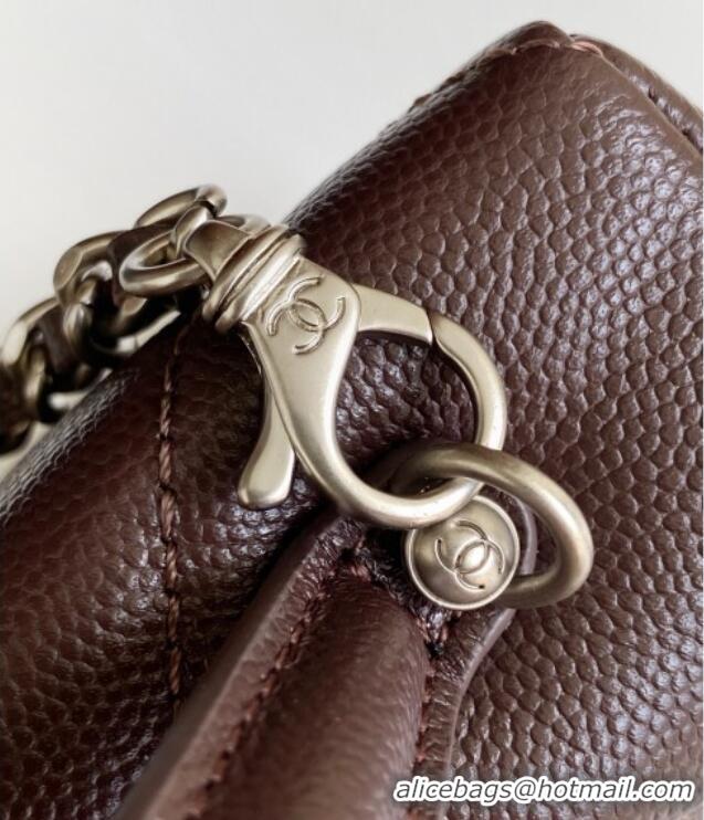 New Stylish Chanel Grained Shiny Calfskin Vanity Case with Chain and Top Handle AP4936 Dark Brown/Silver 2025