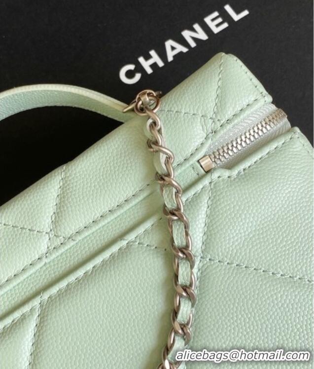 Inexpensive Chanel Grained Shiny Calfskin Vanity Case with Chain and Top Handle AP4936 Light Green/Silver 2025