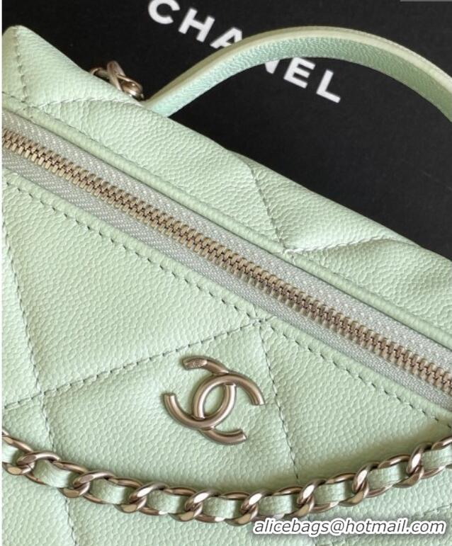 Inexpensive Chanel Grained Shiny Calfskin Vanity Case with Chain and Top Handle AP4936 Light Green/Silver 2025