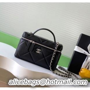 Luxury New Chanel Grained Shiny Calfskin Vanity Case with Chain and Top Handle AP4936 Black/Silver 2025