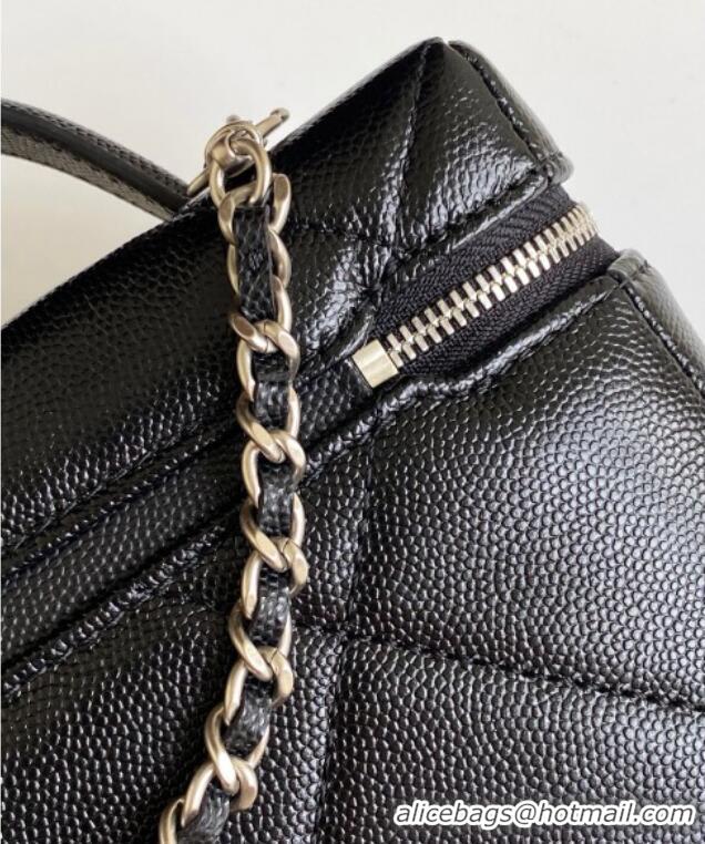 Luxury New Chanel Grained Shiny Calfskin Vanity Case with Chain and Top Handle AP4936 Black/Silver 2025