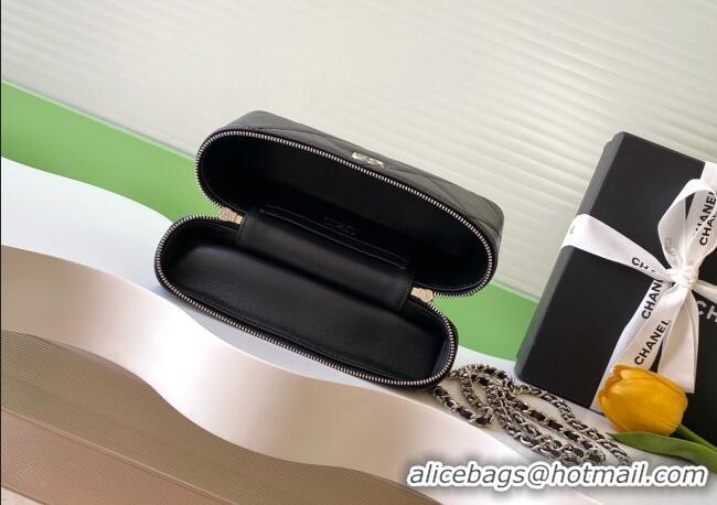 Luxury New Chanel Grained Shiny Calfskin Vanity Case with Chain and Top Handle AP4936 Black/Silver 2025