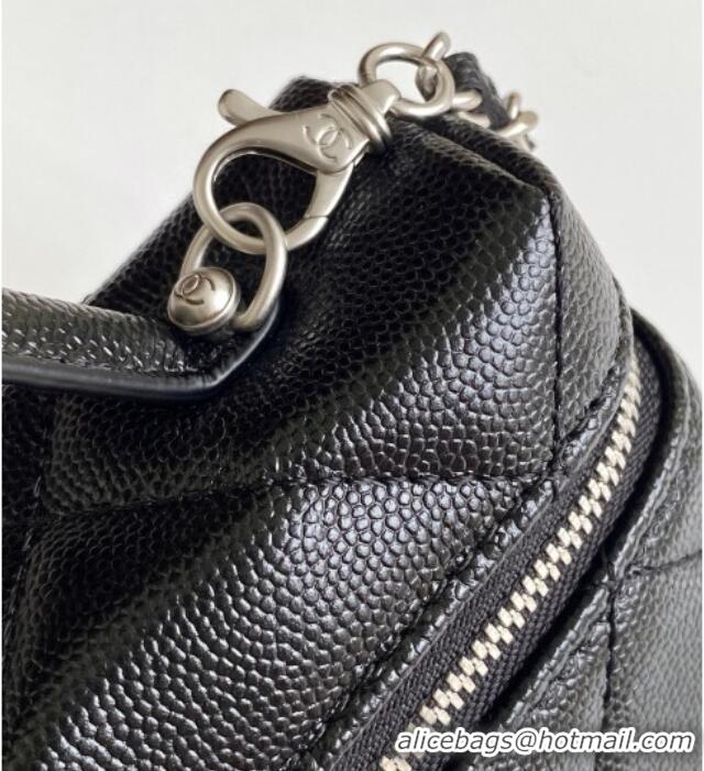 Luxury New Chanel Grained Shiny Calfskin Vanity Case with Chain and Top Handle AP4936 Black/Silver 2025