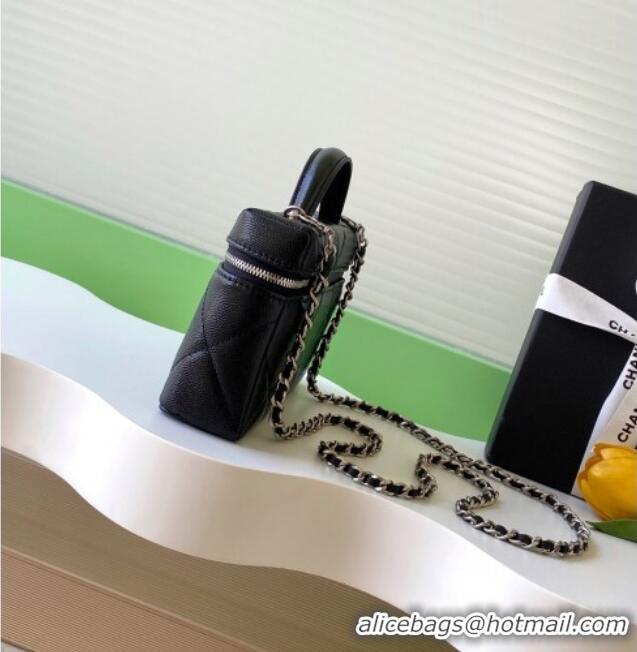 Luxury New Chanel Grained Shiny Calfskin Vanity Case with Chain and Top Handle AP4936 Black/Silver 2025